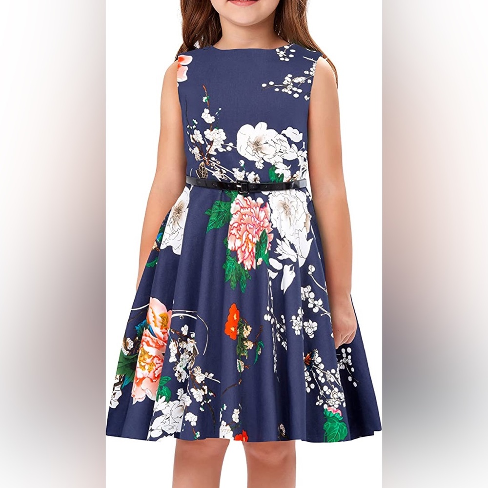 Kate Kasin Girls Sleeveless Vintage Print Swing Party Dress 13-14 Youth